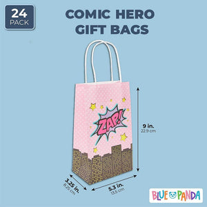 Pink Comic Book Hero Party Favor Bags with Handles for Girls Birthday (24 Pack)