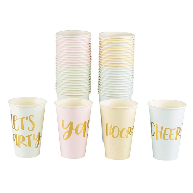 Blue Panda 52-Pack Disposable Paper Party Cups - Gold Foil Party Supplies for Bachelorette Party and Birthday - 4 Designs, Let's Party, Hooray, Yay, and Cheers, 12 Ounces