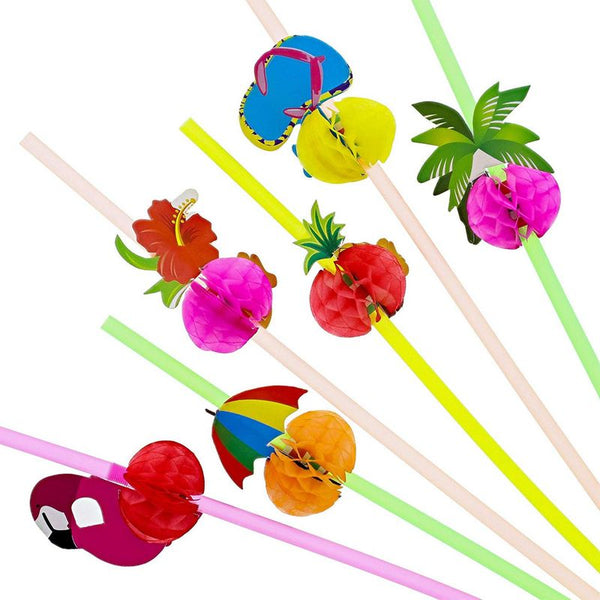 24 Pcs Reusable Plastic Drinking Straws with Fruit Charms for Birthday Summer Party, 10.7 inch, 6 Designs