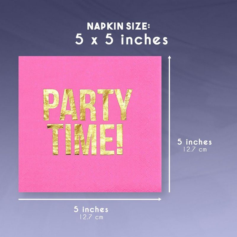 Hot Pink Paper Napkins, Party Time Party Supplies (5 x 5 In, Gold Foil, 50 Pack)