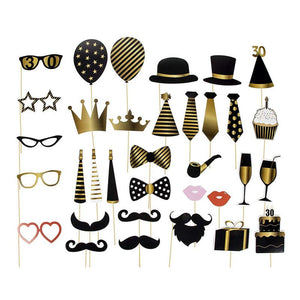 30th Birthday Photo Booth Props - 60-Pack Birthday Party Supplies, Selfie Props, Party Favors for Cocktail Parties, Black and Gold