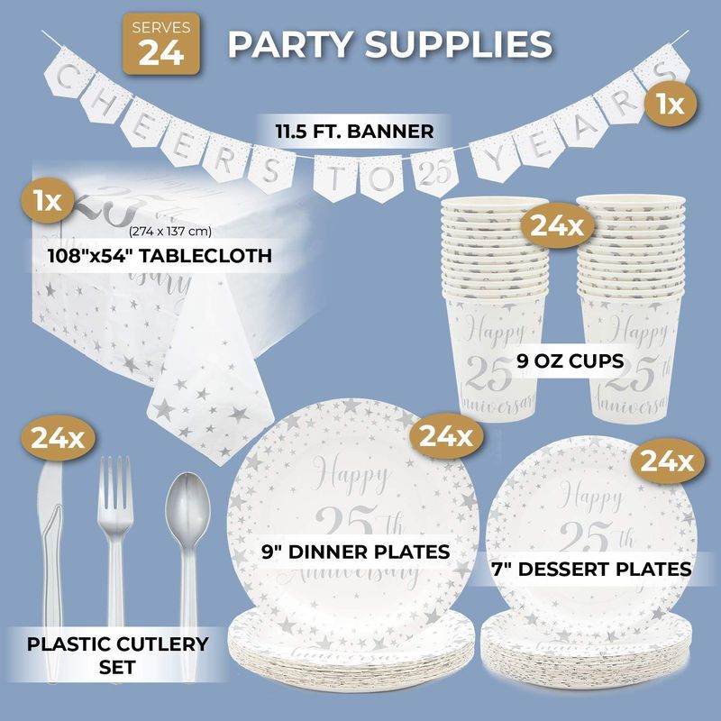 Blue Panda 25th Anniversary Party Supplies (Serves 24, 146 Pieces in Total)