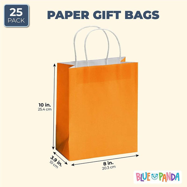 Blue Panda 25-Pack Orange Gift Bags with Handles - Medium Size Paper Bags for Birthday, Wedding, Retail (8x3.9x10 in)