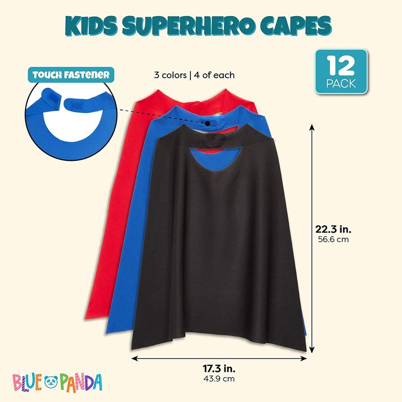 Superhero Dress Up Capes for Kids Costumes (Black, Red, Blue, 12 Pack)
