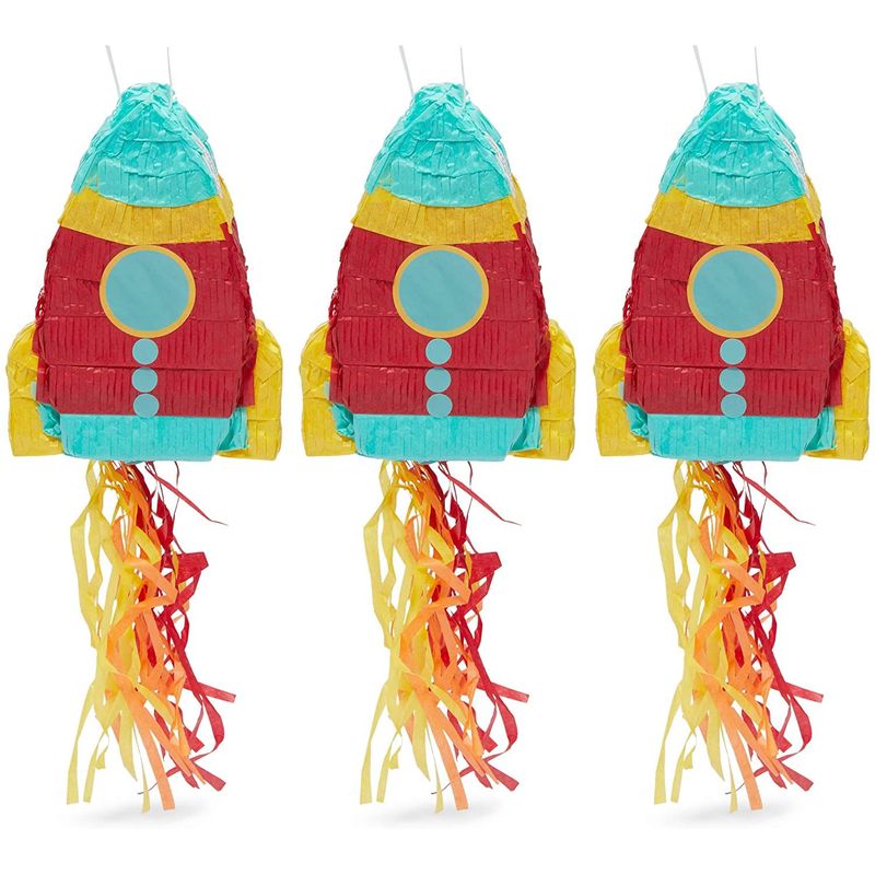 Mini Rocket Ship Pull Piñatas for Outer Space Party (8 x 5.9 x 2.5 In, 3 Pack)