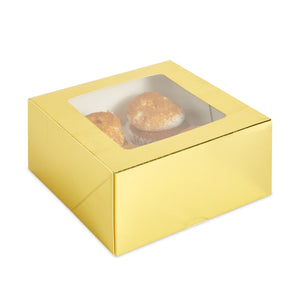 15 Pack Gold Paper Cupcake Boxes Containers Holds 4 Count with Window for Packaging, 9.4x6.3x3 inches