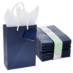20-Pack Small Paper Gift Bags with Handles, 5.5x2.5x7.9-Inch Goodie Bags with 20 Sheets White Tissue Paper and 20 Hang Tags for Small Business (Navy Blue)
