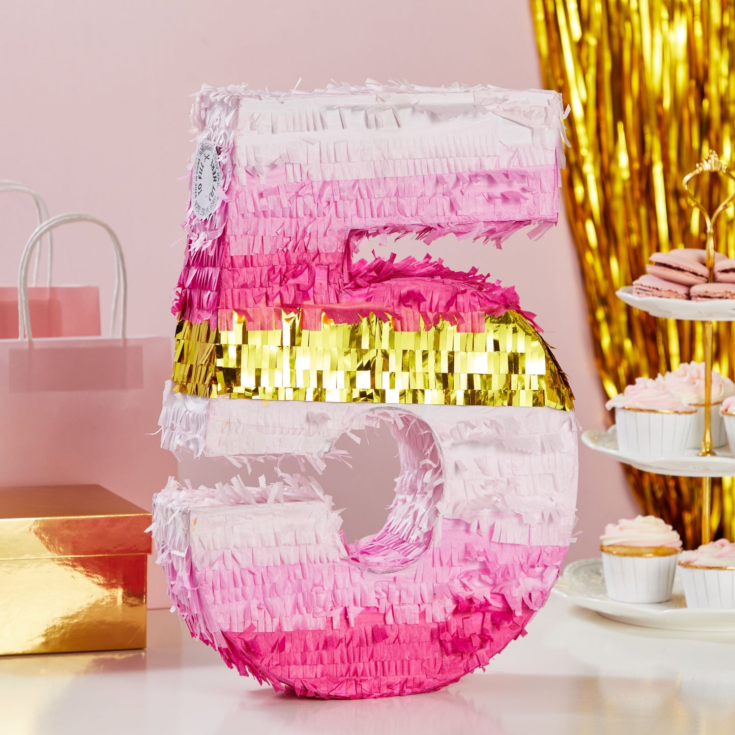 Number 5 Pinata, Pink and Gold Foil for Girls 5th Birthday Party Decorations (Small, 16.5 x 11.6 x 3 In)