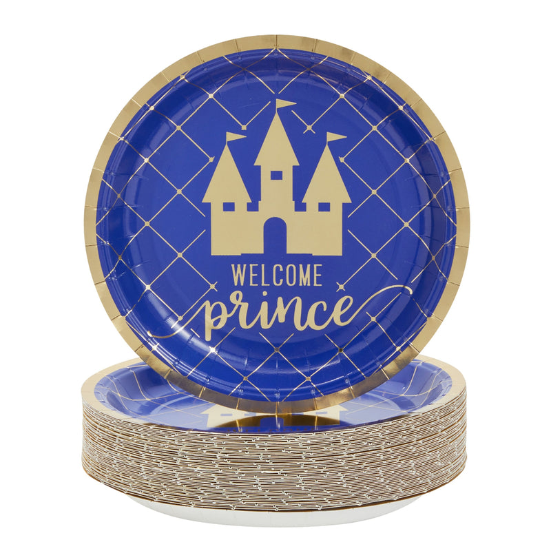 50 Pack Castle Themed Party Plates for Welcome Little Prince Baby Shower Decorations for Boys (Royal Blue, 9 In)