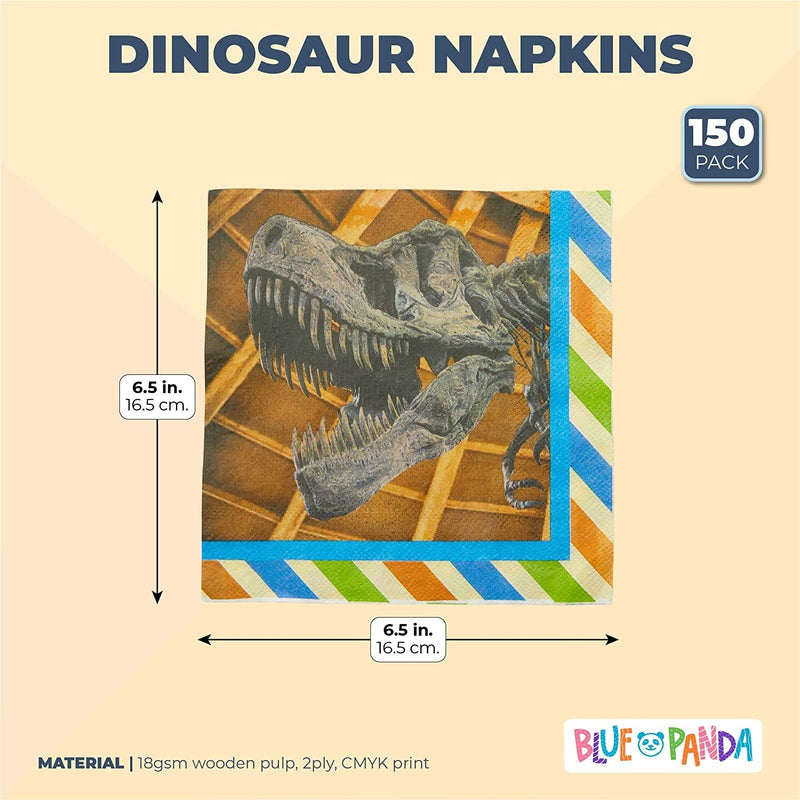 T-Rex Napkins for Kids Dinosaur Birthday Party, Stripes (6.5 x 6.5 In, 150 Pack)