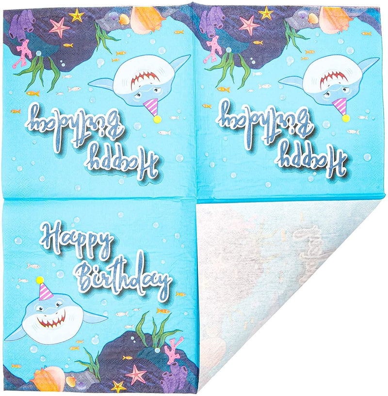 Blue Shark Paper Napkins for Birthday Party (6.5 x 6.5 In, 100 Pack)