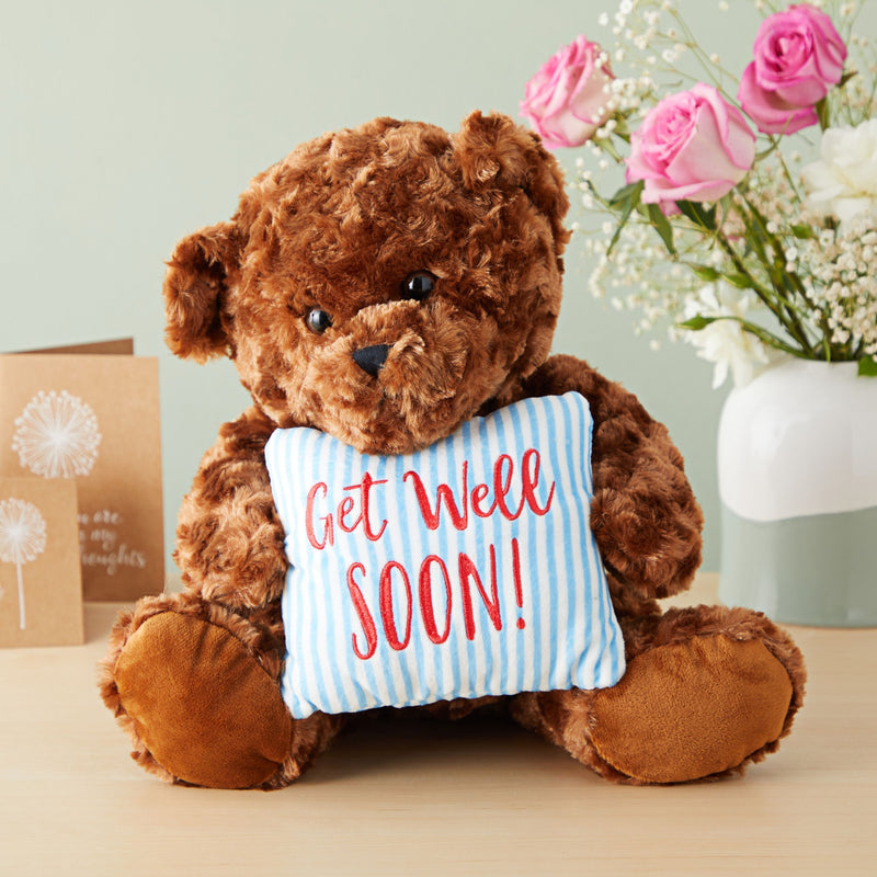 Get Well Soon Bear Plush Pillow, Get Well Soon Bear for Kids, Adults (Dark Brown, 14 In)