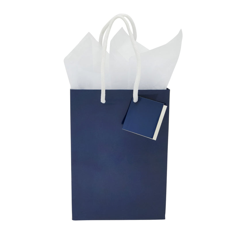 20-Pack Small Paper Gift Bags with Handles, 5.5x2.5x7.9-Inch Goodie Bags with 20 Sheets White Tissue Paper and 20 Hang Tags for Small Business (Navy Blue)