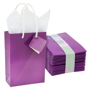 20-Pack Small Paper Gift Bags with Handles, 5.5x2.5x7.9-Inch Goodie Bags with 20 Sheets White Tissue Paper and 20 Hang Tags for Small Business (Purple)