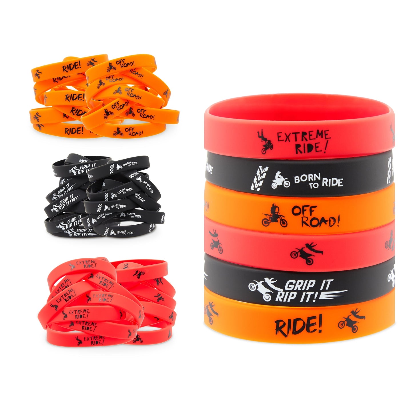 48 Pack Dirt Bike Rubber Bracelets for Kids Birthday Party Favors Supplies, Motorcycle Silicone Wristbands, 3 Colors