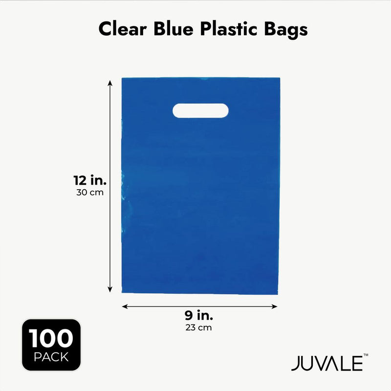Blue Plastic Merchandise Bags with Handles for Retail, Party Favors (Medium, 100 Pack)