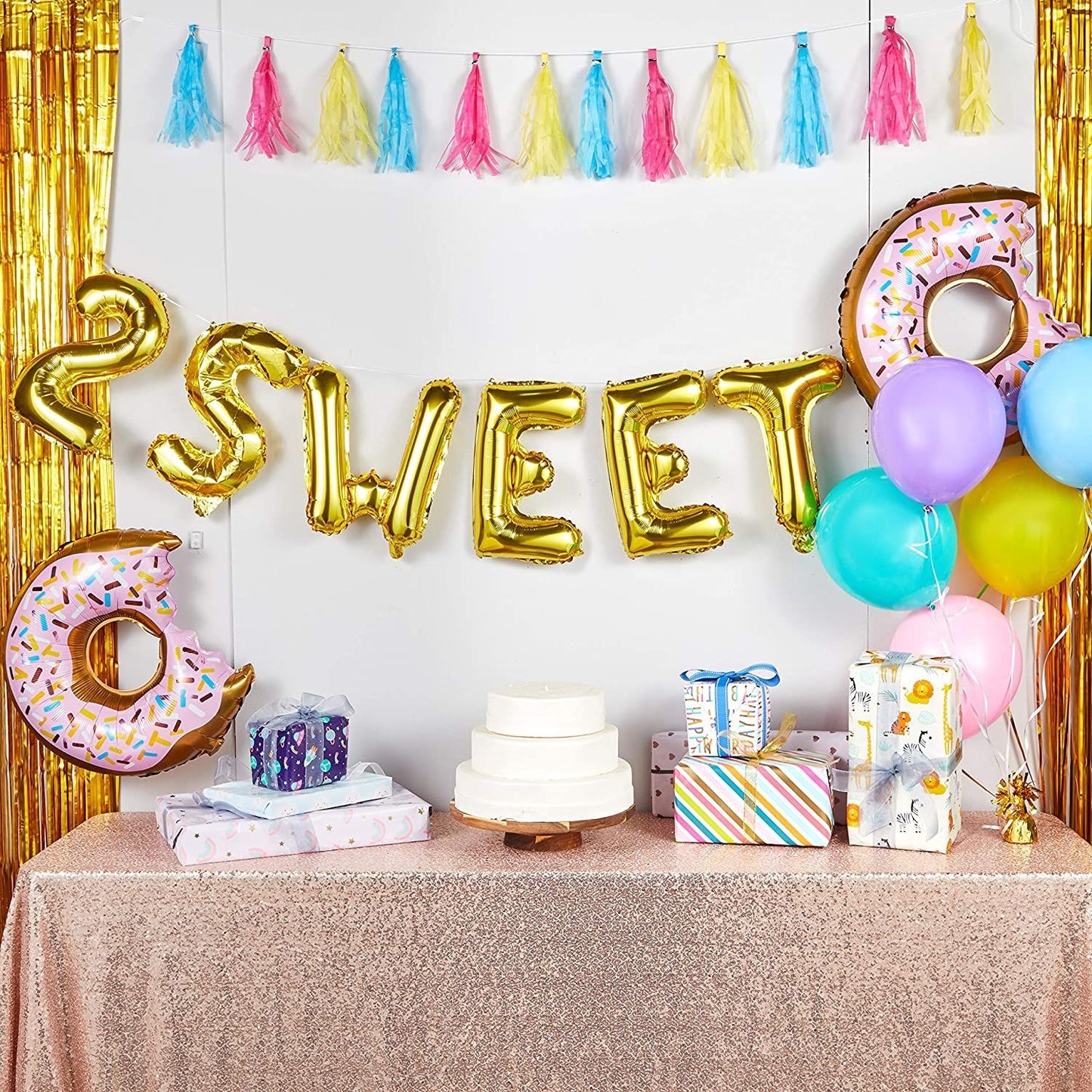 Two Sweet 2nd Birthday Decorations, Donut Balloons, Tassels, Weight (42 Pieces)