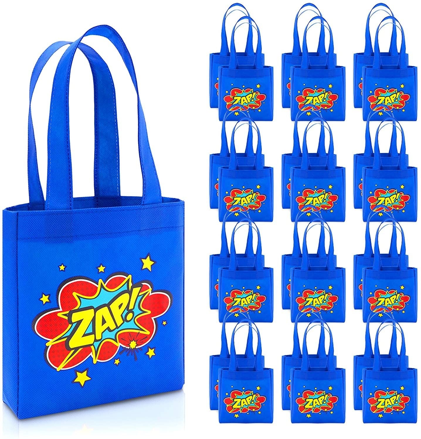 Comic Hero Birthday Party Favor Bags, Small Blue Totes (24 Pack)