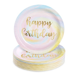 Blue Panda 48-Pack Rainbow Pastel Party Decorations, Gold Foil Happy Birthday Plates (9 in)