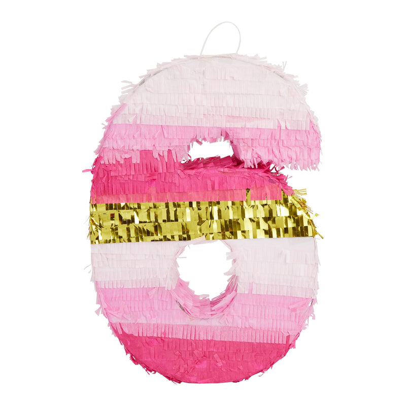 Number 6 Pinata, Pink and Gold Foil for Girls 6th Birthday Party Decorations (Small, 16.5 x 11 Inches)