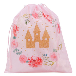12 Pack Pink Drawstring Gift Bags for Princess Birthday Party Favors, Castle and Rose Print (10 x 12 In)