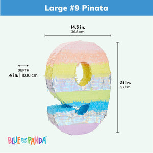 Large Number 9 Pinata for 9th Birthday Party Decorations (Rainbow Pastel, 21 x 14.5 x 4 In)