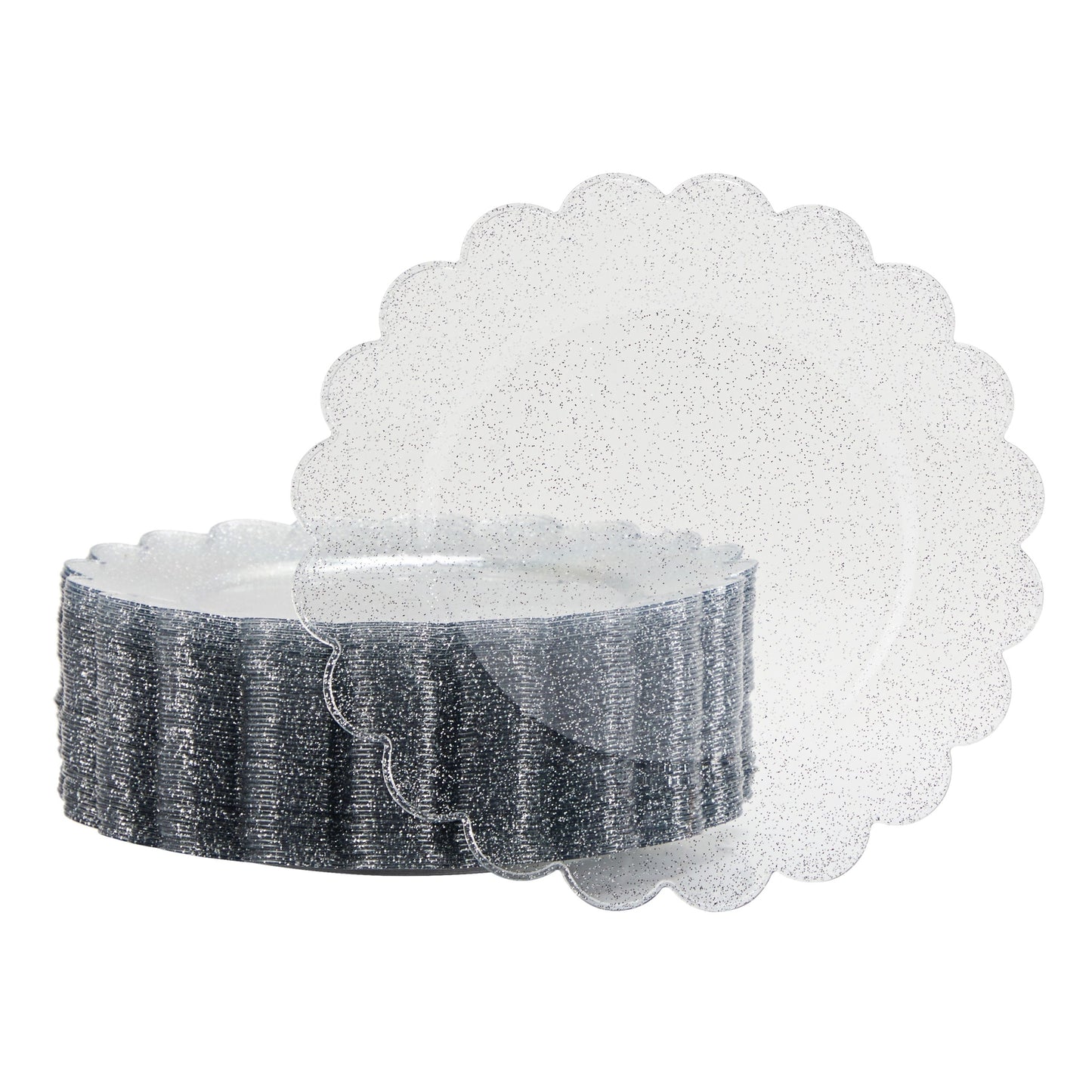 50 Pack Silver Plastic Plates for Party Supplies, 9 Inch Disposable Silver Glitter Plastic Plates with Scalloped Edges