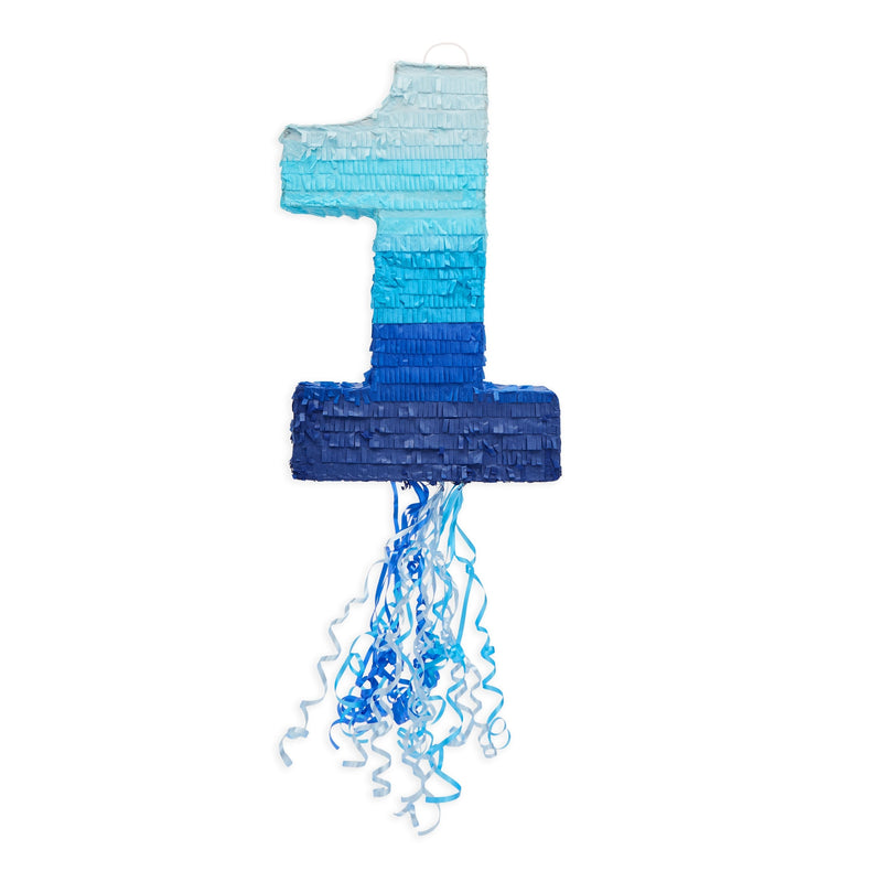 Number 1 Pull String Pinata for Boys, 1st Birthday Party Decorations, Ombre Blue (16.5 x 11.5 x 3 In)