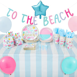 221 Piece Beach Themed Dinnerware Set with Tablecloths and Balloons for Summer Pool Party Decorations (Serves 24)