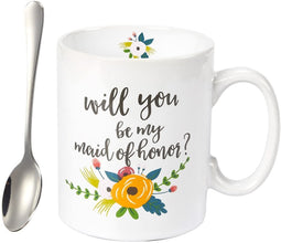 Ceramic Coffee Mug with Handle and Stirring Spoon - Will You Be My Maid Of Honor, Large Stoneware Tea Cup with Floral Design, Novelty Gift for Wedding, Engagement, White, 16 Ounces