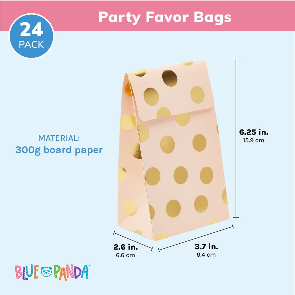 Pink Birthday Party Favor Gift Bags, Gold Foil Polka Dots Boxes (24 Pack)