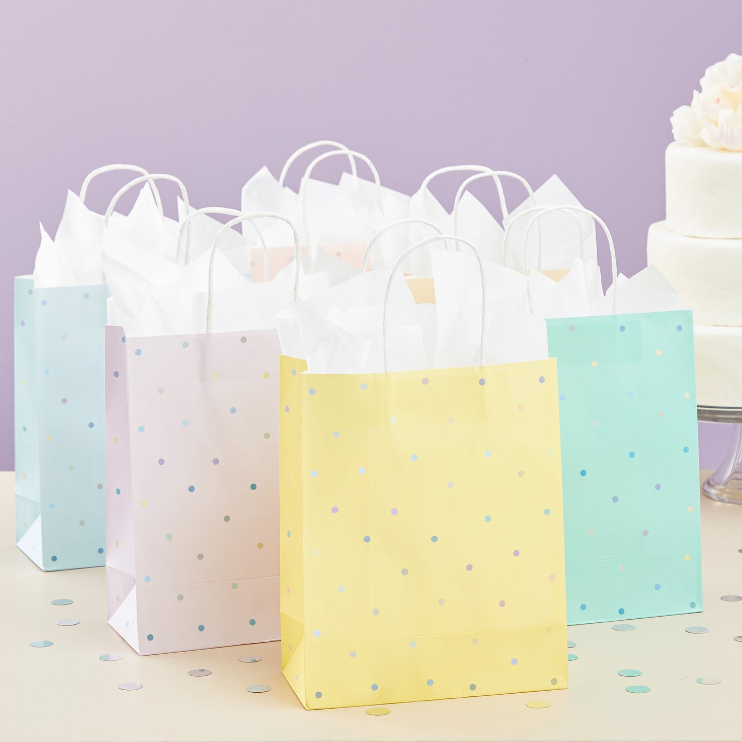 36 Pack Medium Polka Dot Paper Gift Bags with Handles and White Tissue Paper, 6 Pastel Rainbow Colors (10 x 8 x 4 In)