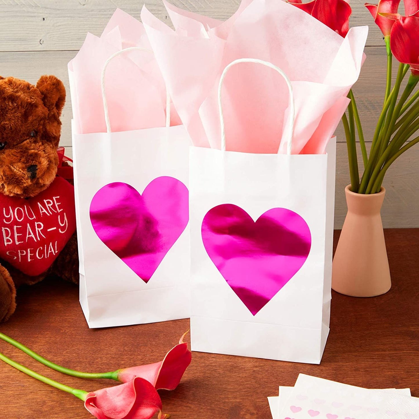 White Gift Bags with Handles for Valentines, Hot Pink Heart (24 Pack)