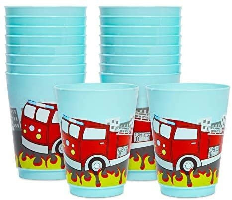 16 Pack Plastic Fire Truck Cups for Kids, Firefighter Party Favors for Birthday Party Supplies (16 oz)