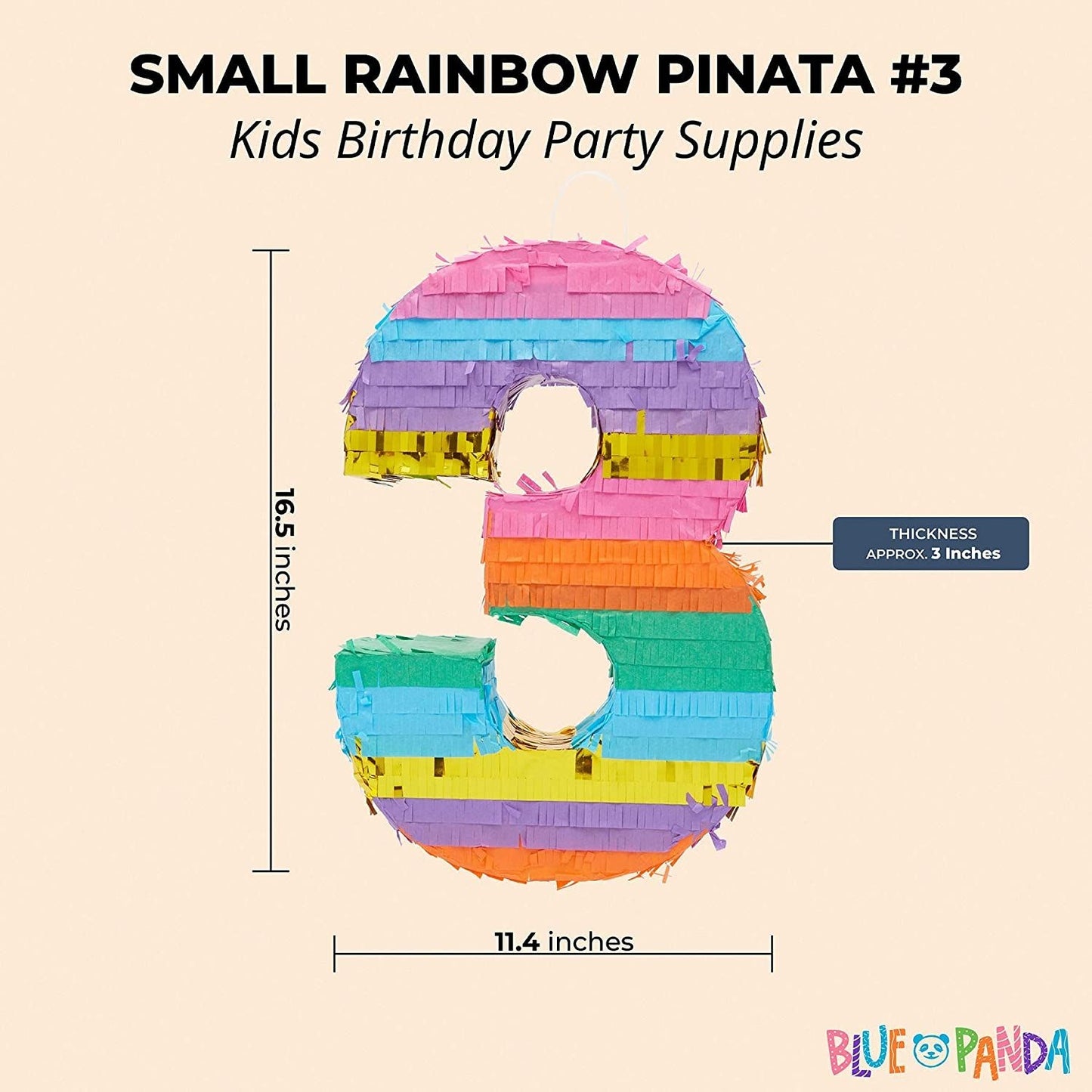 Rainbow Number 3 Pinata for 3rd Birthday Party Supplies, Fiesta , Cinco de Mayo Celebration (Small, 16.5 x 11 x 3 In)