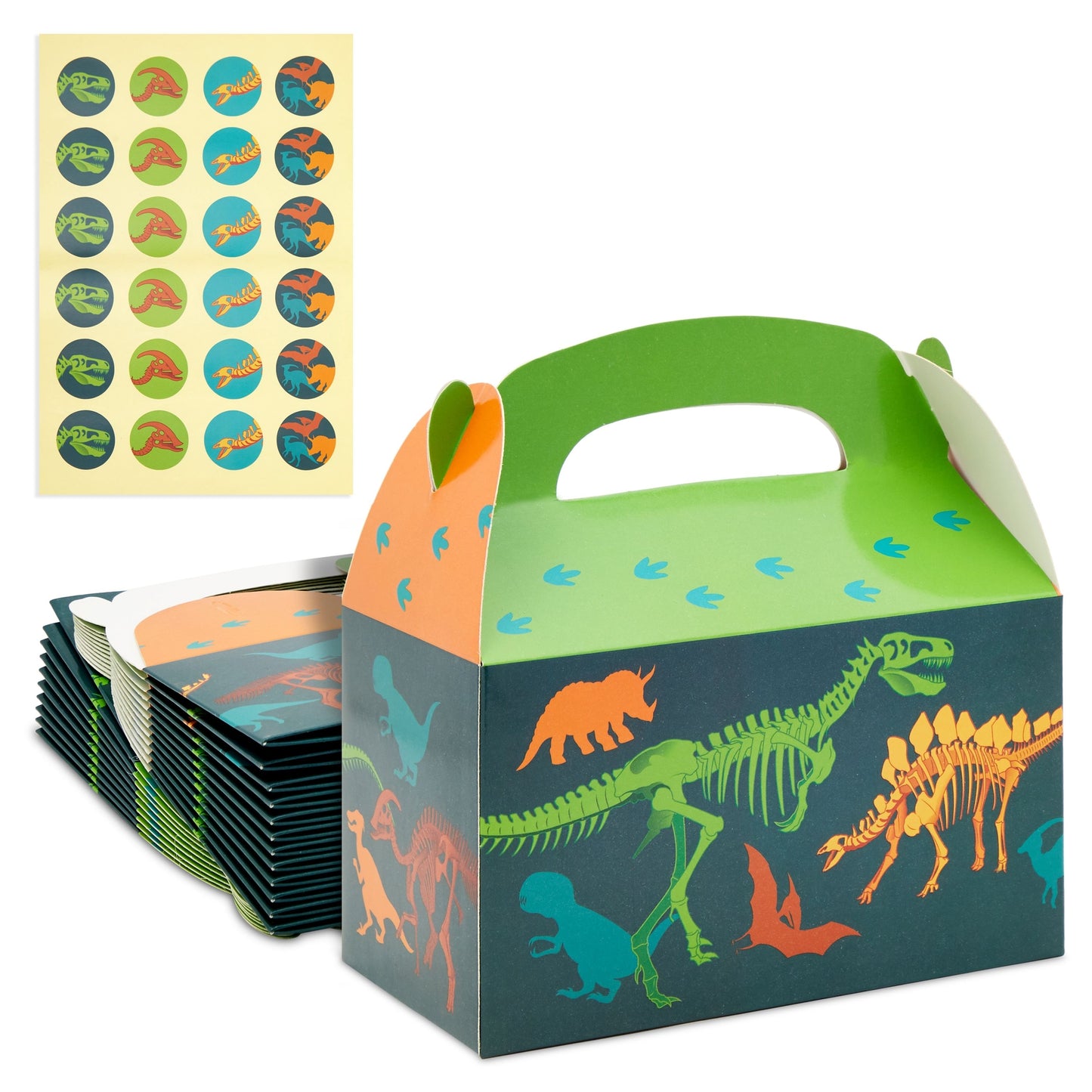 24 Pack Dinosaur Treat Boxes with Handle and Stickers - Dino Party Favors for Kids' Birthday Supplies (6.2 x 3.6 x 3.5 in)