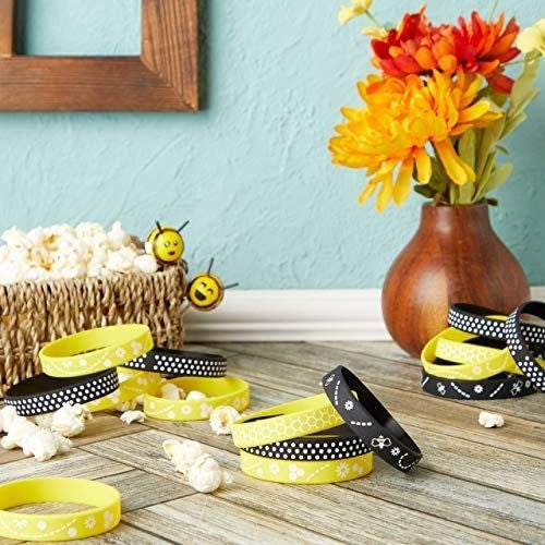 36 Pcs Bee Baby Shower Wristbands Wrist Bands Silicone Rubber Bracelets Party Favors, Black, Yellow