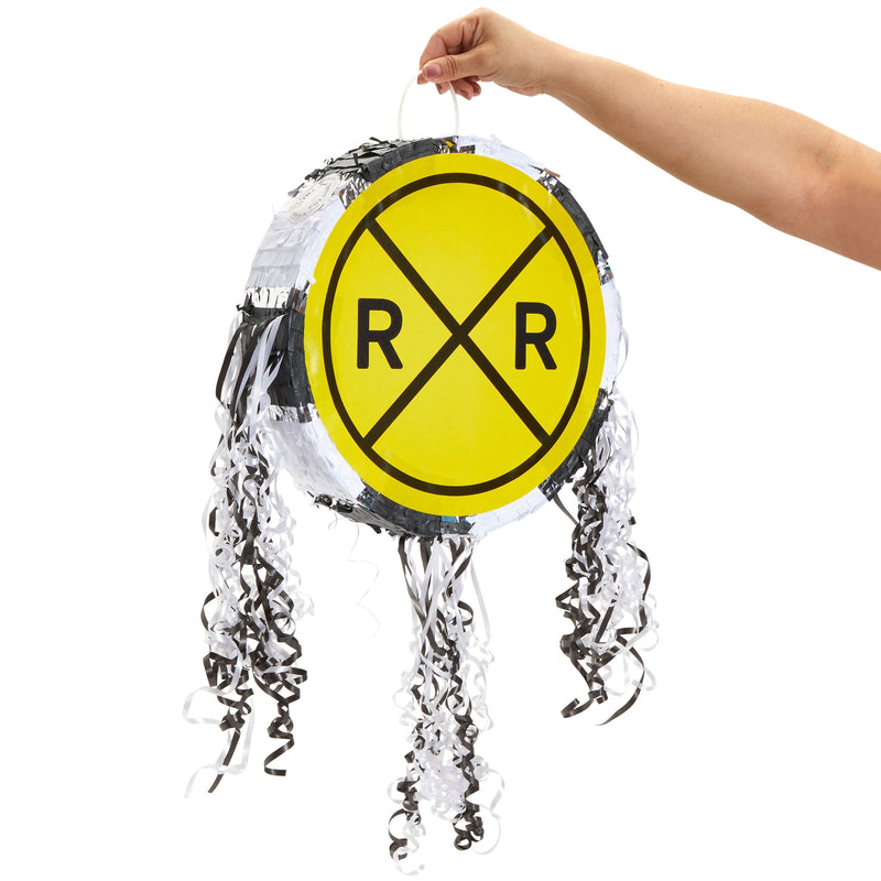 Railroad Crossing Sign Pull String Pinata for Train Birthday Party Decorations (Small, 13 x 13 x 3 In)