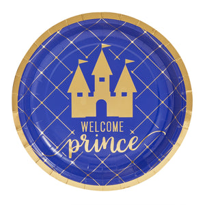 50 Pack Castle Themed Party Plates for Welcome Little Prince Baby Shower Decorations for Boys (Royal Blue, 9 In)