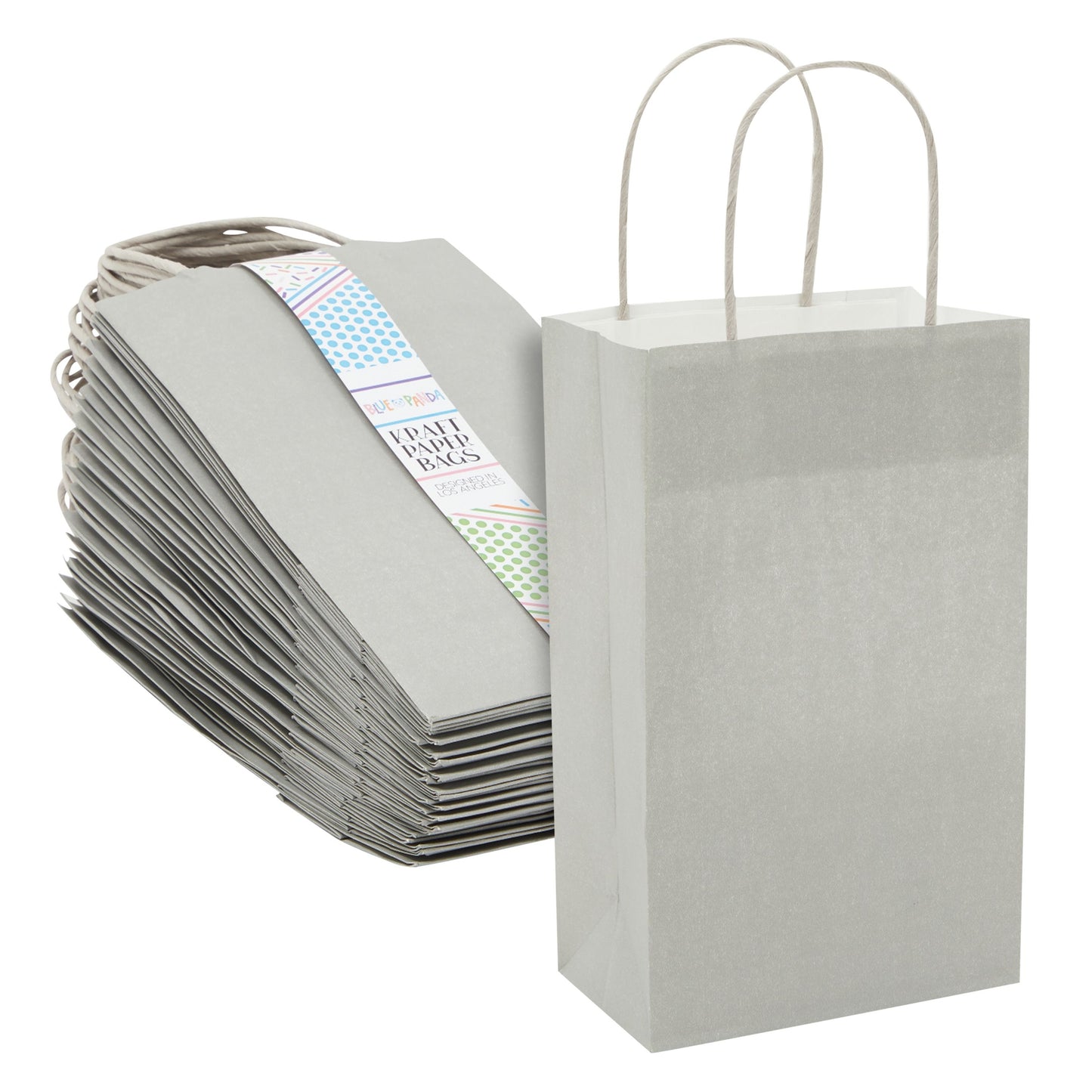 25-Pack Gray Gift Bags with Handles, 5.5x3.2x9-Inch Paper Goodie Bags for Party Favors and Treats, Birthday Party Supplies