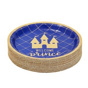 50 Pack Castle Themed Party Plates for Welcome Little Prince Baby Shower Decorations for Boys (Royal Blue, 9 In)