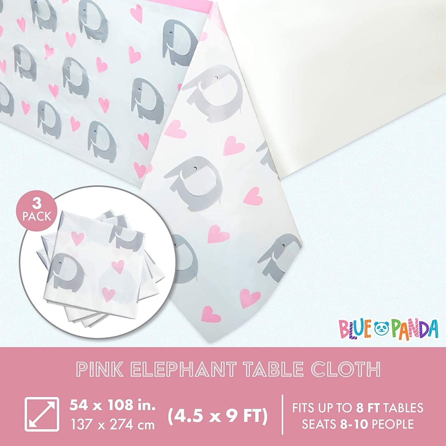 Elephant Tablecloths for Baby Shower Decor, Pink Hearts (54 x 108 in, 3 Pack)