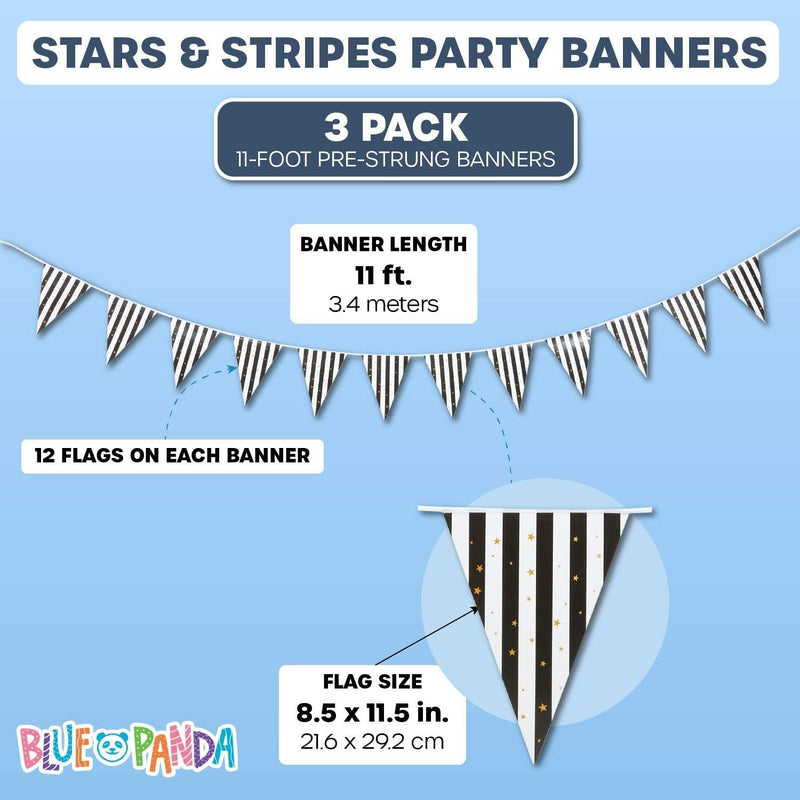 Sparkly Stars & Stripes Triangle Party Banner for Kids, Birthdays and NYE (11 ft, 3 Pack)