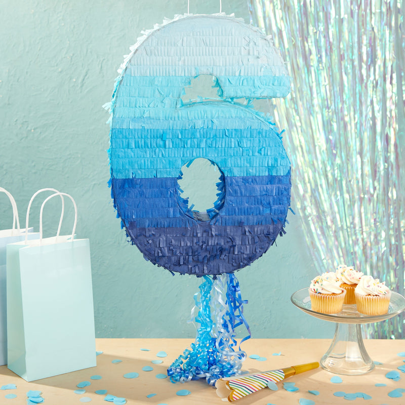Number 6 Pinata - Pull String Pinata for Boys 6th Birthday Party Decorations, Ombre Blue (16.5 x 11.3 x 3 In)