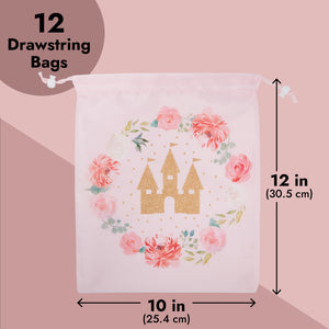 12 Pack Pink Drawstring Gift Bags for Princess Birthday Party Favors, Castle and Rose Print (10 x 12 In)