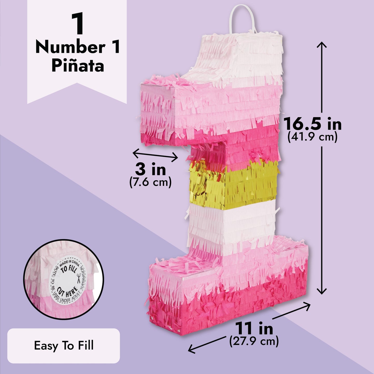 Number 1 Pinata, Pink and Gold for Girls 1st Birthday Party Decorations, Small, 16.5x11x3 in