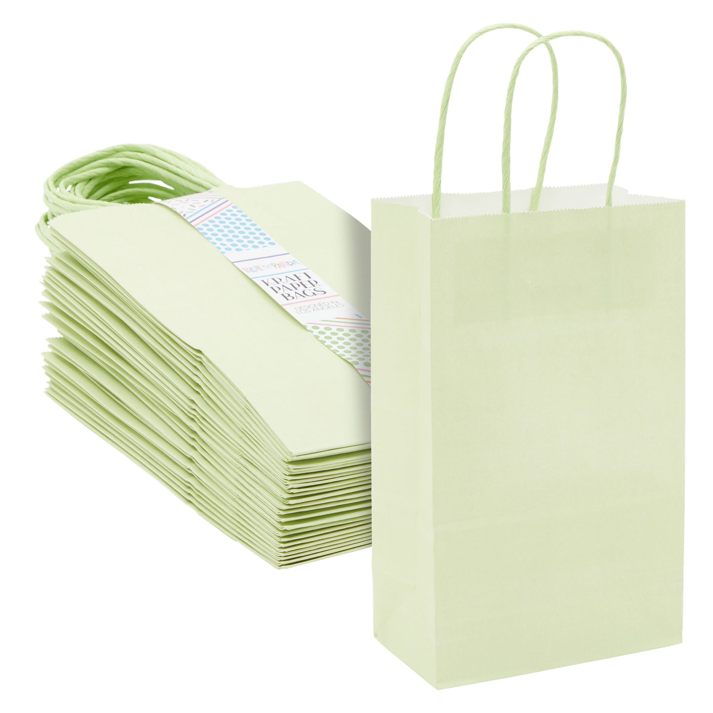 25-Pack Light Green Gift Bags with Handles, 5.5x3.2x9-Inch Paper Goodie Bags for Party Favors and Treats, Birthday Party Supplies