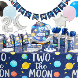 189 Piece Two the Moon Birthday Decorations, Galaxy Dinnerware Set with Balloons and Treat Boxes (Serves 24)