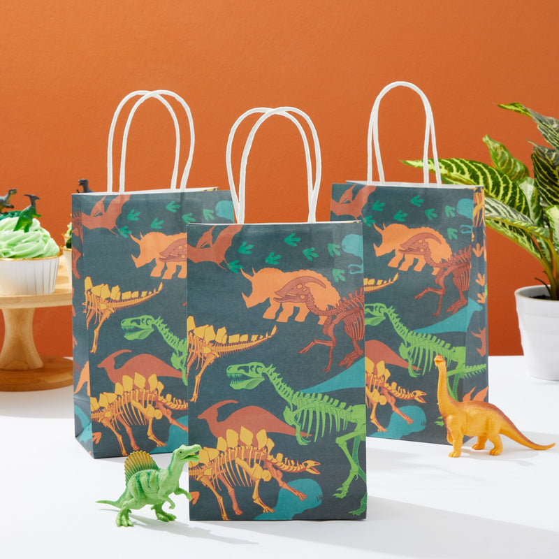 24 Pack Dinosaur Goody Bags with Handles, 5.3x3.2x9 Inch for Kids Birthday, Party Favors, Treats, Fossil Print Design