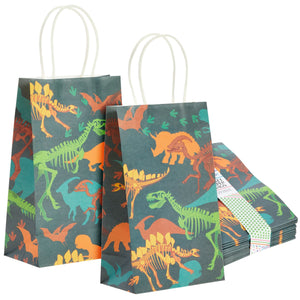 24 Pack Dinosaur Goody Bags with Handles, 5.3x3.2x9 Inch for Kids Birthday, Party Favors, Treats, Fossil Print Design